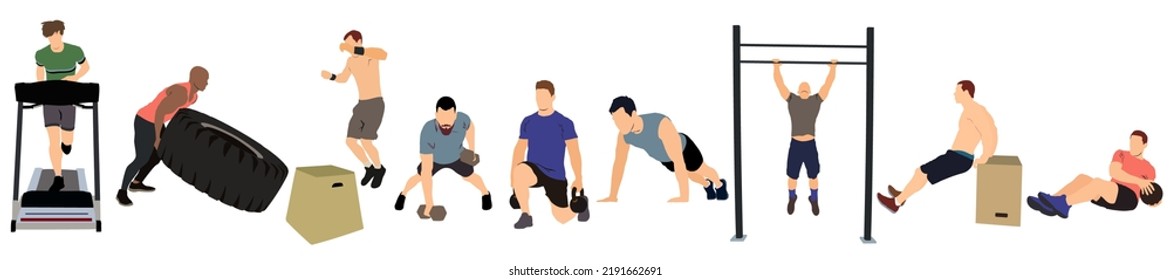 vector art of group of men doing different workout and exercise	