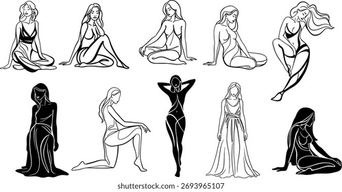 Arte vectorial de un grupo de diez bocetos artísticos diversos de mujeres en varias poses, incluida una silueta negra