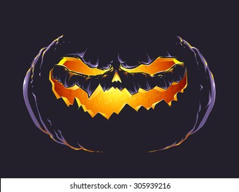 Vector art of halloween pumpkin glowing in darkness. 