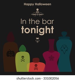 Vector art for Halloween. Stylish illustration - colorful bottles with potions, halloween party, cocktail menu
