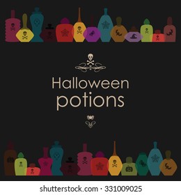 Vector art for Halloween. Stylish illustration - colorful bottles with potions, halloween party, cocktail menu
