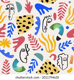 Vector art hand drawn collage Seamless pattern. Plants, geometric shapes, Modern abstract Faces. Background, Wallpaper. colorful modern style print,  various shapes and doodle objects.