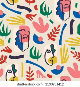 Collage dibujado a mano con arte vectorial Patrón sin costura. Plantas, formas geométricas, caras abstractas modernas. Fondo de escritorio. impresión de estilo moderno y colorido, varias formas y objetos de doodle.
