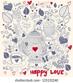 Vector art hand drawn holiday card with cupcake and teapot