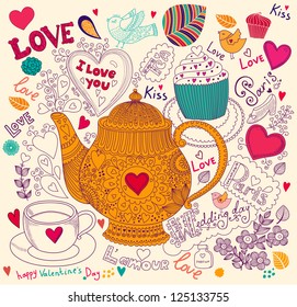Vector art hand drawn holiday card with cupcake and teapot