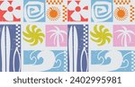 Vector art Hand drawn illustration for summer pattern design, Trendy Minimal summer seamless pattern Vacation Moment with hand drawn Line , Waves, palm trees each life elements Vector illustration