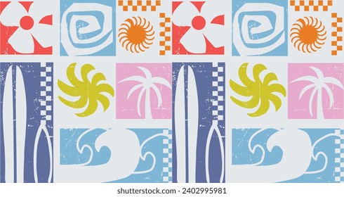 Vector art Hand drawn illustration for summer pattern design, Trendy Minimal summer seamless pattern Vacation Moment with hand drawn Line , Waves, palm trees each life elements Vector illustration