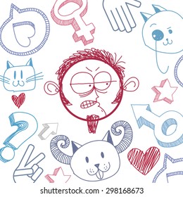 Vector art hand drawn illustration of personality, emotions on teenager face. Social interaction allegory drawing, angry boy.