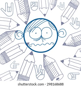 Vector art hand drawn illustration of personality, emotions on teenager face. Social interaction allegory drawing. 