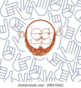 Dibujo artístico vectorial de la personalidad, emociones en la cara de un adolescente. Dibujo alegórico de interacción social. Señales de mano.