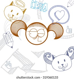 Vector art hand drawn illustration of personality, emotions on woman face. Social interaction allegory drawing. 