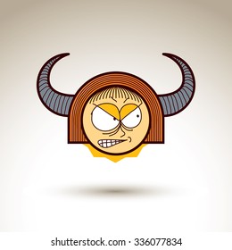 Vector art hand drawn illustration of angry person. Girl temperament idea, emotions on woman face. Web avatar for social interaction, allegory drawing. 
