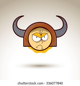 Vector art hand drawn illustration of angry person. Girl temperament idea, emotions on woman face. Web avatar for social interaction, allegory drawing. 