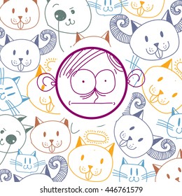 Vector art hand drawn illustration of personality, emotions on teenager face. Social interaction allegory drawing. 