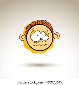 Vector art hand drawn illustration of depressed personality, emotions on teenager face. Social interaction allegory drawing, facial expressions.

