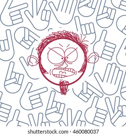 Vector art hand drawn illustration of personality, anger emotions on teenager face. Social interaction allegory drawing, different hand signs.