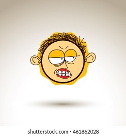 Vector art hand drawn illustration of angry person, emotions on teenager face. Social interaction allegory drawing, facial expressions.