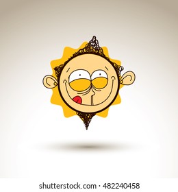 Vector art hand drawn illustration of bizarre personality, emotions on teenager face. Social interaction allegory drawing, facial expressions.