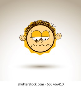 Vector art hand drawn illustration of depressed kid, emotions on teenager face. Social interaction allegory drawing, facial expressions.