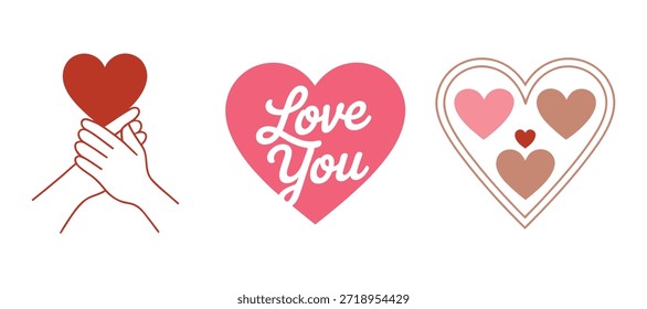 Vector art of hand holding heart, love you text, and decorative hearts on white