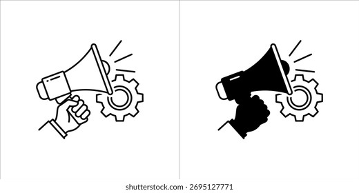 Arte vectorial de mano sosteniendo un megáfono con un ícono de engranaje