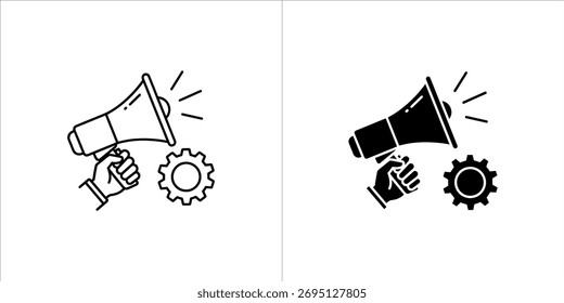 Arte vectorial de mano sosteniendo un megáfono con un ícono de engranaje