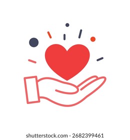 Arte vectorial de la mano que sostiene el corazón rojo para el concepto de la caridad