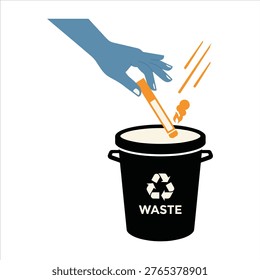 A vector art of hand placing a cigarette butt into a waste bin