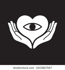 Vector art of hands gently holding a heart with an eye, symbolizing protection, love, and intuitive vision