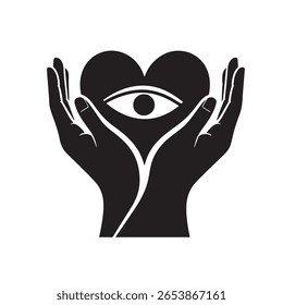 Vector art of hands gently holding a heart with an eye, symbolizing protection, love, and intuitive vision isolated on white background