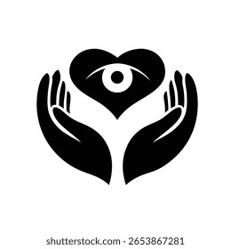 Vector art of hands gently holding a heart with an eye, symbolizing protection, love, and intuitive vision isolated on white background