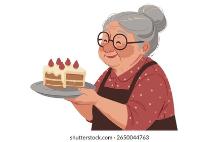 Vector art of a happy elderly woman offering cake, a sweet representation of family love, tradition, and homemade cooking in cartoon style.