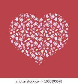 Vector art heart of flowers on a red background. Eps 10. Pastel tones.