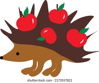 Vector art of hedgehog with apples on white background. For children book, print, decor, design, textile, fabric