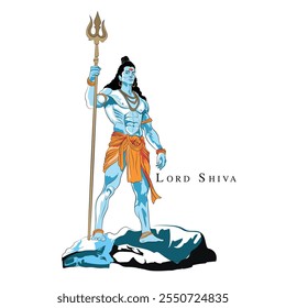 A vector art of Hindu God Shiva, A hand-drawn illustration of Lord Mahadeva, Lord Siva standing on Kailash mountain drawing