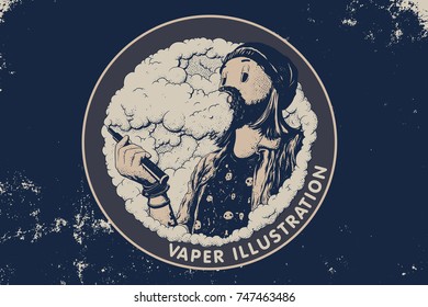 Vector art of hipster with making vape cloud with e-cigarette. Vector illustration. Placard design for vapor shop. Variation on dark background.