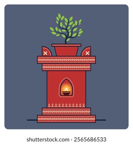 Vector Art of Holy Basil Plant with pot and pillar like structure; Handcrafted Indian earthen vessel, adorned with intricate designs, traditionally used for Tulsi worship. Ideal for home entry decor.