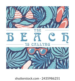 Vector art illustration with abstract exotic plants, beach attributes and lettering isolated on white background. Design for greeting card, poster, t-shirt print, invitation, banner
