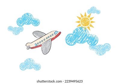 vector art illustration of an airplane in the clouds with sun. kids pastel art. world tourism day