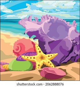 Vector art illustration of assorted sea animals washed ashore on a beautiful beach