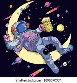 Vector art illustration of astronauts drinking beer in space near the moon