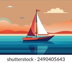 Vector art illustration of the back of a sailboat on the horizon background