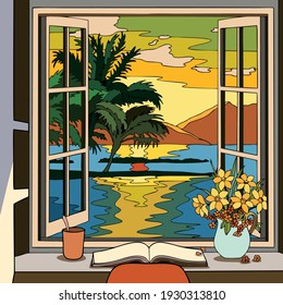 Vector art illustration of a beautiful landscape seen from a window while learning