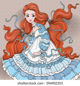 Vector art illustration of beautiful red hair girl in blue dress 