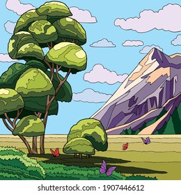 Vector art illustration of beautiful scenery accompanied by mountains of rock