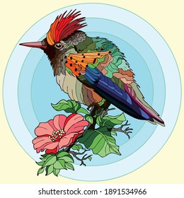 Vector art illustration of a bird perched on a flowery twig