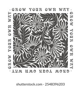 Vector art illustration with black hand drawn abstract flowers composition and lettering isolated on white background. Monochrome modern floral design for t-shirt print, card, poster