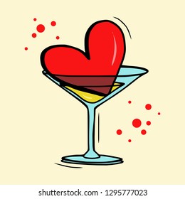 Vector art. Illustration of blue martini glass with red heart and dots. Romantic art, Valentine's day - perfect design element for postcard, banner, print or poster 