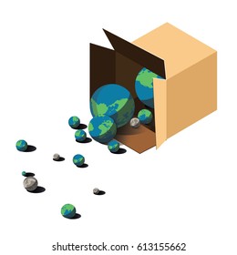 Vector art illustration with box and planets