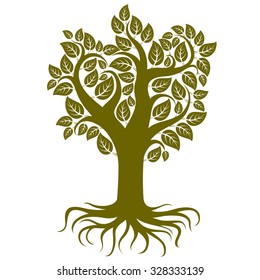 Vector art illustration of branchy tree with strong roots. Tree of life symbolic graphic image, environment conservation theme.